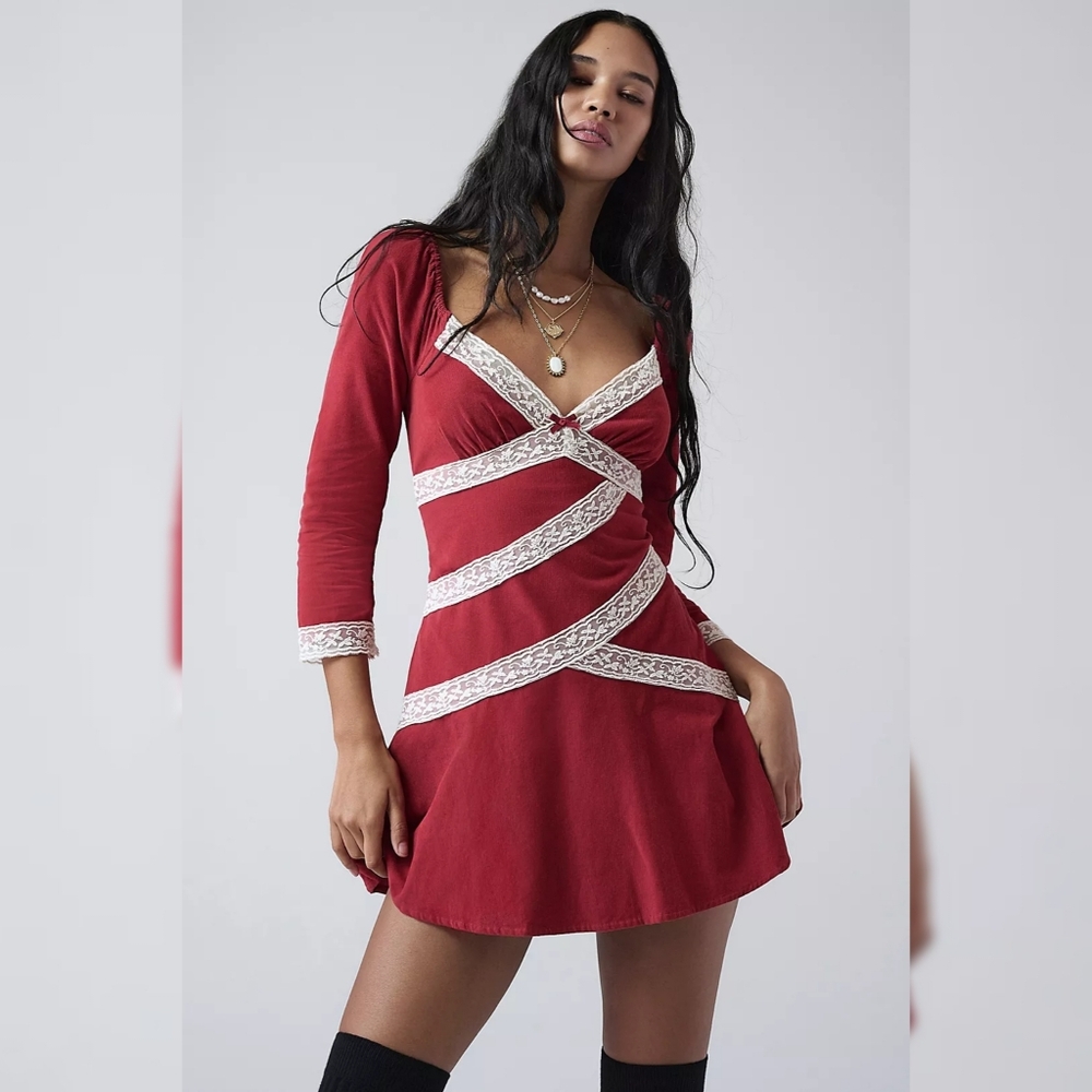 Free People Tennley Corduroy Mini Dress Red Combo Women's Size‎ Medium